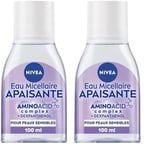 NIVEA Eau Micellaire APAISANTE Peaux Sensibles Mini Format (1 x 100 ml), démaquillant enrichi aux micelles et acides animés sans parfum, nettoyant visage yeux & lèvres (Lot de 2)