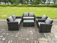 6 Seater Dark Grey Mixed High Back Rattan Sofa Set rectangular Coffee Table Garden Furniture Outdoor Patio