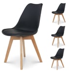 Kosmi - Lot de 4 Chaises Noires Style scandinave modèle victoire - Coque en résine Noire Rembourrée et Pieds en Bois Naturel