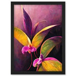 Pink Orchid Vibrant Mauve Flowers Painting Artwork Framed Wall Art Print A4