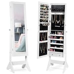 GOPLUS Armoire a Bijoux avec Miroir et LED, Armoire à Bijoux sur Pied Réglable 3 Positions, Armoire de Rangement pour Bijoux avec 5 Étagères, 6 Bandes, 3 Crochets, 2 Tiroirs, Verrouillable, Blanc