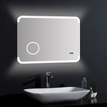 Talos Miroir de Salle de Bain LED Harmony - 80 x 60 cm - éclairage d'ambiance rétroéclairé - Miroir cosmétique éclairé avec grossissement 3X - Horloge numérique - Cadre en Aluminium de Haute qualité