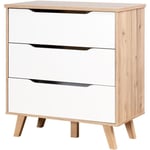 Commode 3 tiroirs - Décor chêne et blanc mat - Pieds en massif - Scandinave L 80 cm - VANKKA