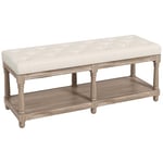 HOMCOM Banquette, Banc à Chaussures capitonnée, Bout de lit, 115 cm, 2 Niveaux étagère, Style Classique, piètement en Bois sculpté, rembourrée en Lin, Beige