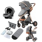 Magic ZC 3 in 1 Pushchair Pram Travel System, Baby Stroller 3 in 1 with Reversible Two Pushing Modes, Newborn Infant Carriage One-Click Folding, Toddler Buggy Aluminum Frame (V9 Grey)