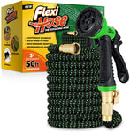 Flexi Hose Upgraded Expandable Garden Hose, Extra Strength, 2 cm Solid Brass Fittings - No-Kink Flexible Water Hose, 8 Function Spray Included (15 Meters, Green/Black)