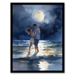 Dancing In The Waves Watercolour Painting Blue Yellow Couple Dancing Under A Full Moon In Coastal Landscape Bedroom Art Art Print Framed Poster Wall D