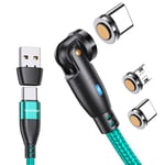 VAFOTON 9Pin Câble USB C Magnétique 1M, 60W Cable Magnetique Charge Rapide, 3A Chargeur Magnétique Rotation à 360 ​​° et 180 ° Chargeur Aimanté, pour Micro USB/Type C/iProduits, pour Smartphone（Vert）