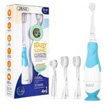 Seago Brosse à Dents électrique pour Enfants de 6 mois à 4 ans,étanche, Minuterie Intelligente,Lampes à LED de Couleur et 4 têtes de Brosse,Batterie Brosse à Dents Pour Bébé à Piles SG513,Bleu