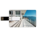 16G USB Flash Drives Credit Card Shape White Decor Memory Stick Bank Card Style Penthouse Summer Home with Wide Patio Balcony Veranda with Sea Scenery,White and Sky Blue Waterproof Pen Thumb Lovely Ju