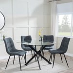 Chopstick Clear Glass and Black Metal 4 Seater Round Dining Set - 4 Corona Light Grey Fabric Chairs