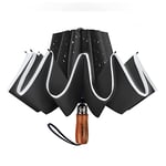 Lejorain Grand parapluie inversé coupe-vent pliable avec bande réfléchissante de sécurité - 127 cm - Noir