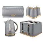 Tower Empire Kettle, 4 Slice Toaster, Bread Bin & Canisters Kitchen Set (Grey)