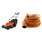 BLACK+DECKER Tondeuse Filaire 1600W, Tondeuse à Gazon Electrique 38 cm & Zenitech Prolongateur, Orange, 25 m