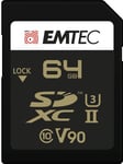 EMTEC - Carte SDXC UHS-II U3 V90 SpeedIN Pro+ ECMSD64GUHS2V90 - Carte Mémoire - Photos en Rafale, Vidéos Full HD, 3D, 4K, 8K UHD - Capacité de Stockage 64 Go 64 GB - 2 Rangées PIN au Dos - Noir/Doré