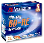 VERBATIM - 2x Speed BD-RE SL Blank Blu-ray Discs, 5 Pack Jewel Case