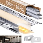 Profilé Aluminium LED 1m x 10 (10m)- Profile Alu pour Ruban LED, Profilé LED Encastrable en Forme de U avec Couvercle Blanc Laiteux, Embouts (Encastrable -1M, 10)