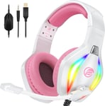 ¿2024 New¿FC100 Casque Gaming pour PC/PS4/PS5/Xbox/Mac/Nintendo Switch, Casque Gamer PS4 avec Lumière RVB, Casque PS5 avec Micro, Casque Antibruit avec Prise Jack 3,5 MM - Blanc Rose