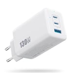 130W Chargeur USB C, 3 Ports avec GaN III Tech Prise USB Multiple, 65W PD+PPS Chargeur Rapide Compact Adaptateur USB Compatible avec MacBook Pro/Air, iPad, iPhone16/15, Galaxy S24, Dell XPS (Blanc)