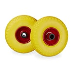 Relaxdays Roue de brouette, caoutchouc, 3.00-4", 2x roue de rechange, pour axe de 25 mm, 260x85 mm, jaune-rouge