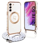 Pnakqil Coque Magnétique pour Samsung Galaxy S21 FE 5G Con Cordon, Compatible avec MagSafe, Silicone Housse avec Motif Coeur d'amour Réglable Collier Lanyard, Antichoc Etui pour Samsung S21 FE, Blanc