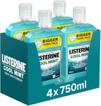 Listerine Cool Mint Mouthwash Pack of 4 (4 x 750ml), Helps Kill Up to 99% of Germs Left After Brushing and Reduce Plaque, Mouthwash to Freshen Breath and Maintain Healthy Gums