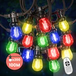 Guirlande Guinguette 100M 200 Bulbes Filament Rouge Bleu Jaune Vert avec Variateur de Luminosité et Télécommande - Guirlande Lumineuse Ampoule E27