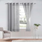 DWCN Lot de 2 Rideaux Voilages à Oeillets pour Fenêtre, Rideau Transparents avec Embrasses pour Salon Chambre d'enfant, Gris, 140x160cm (Largeur x Hauteur)