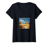 Womens Wheat Fields With Windmills Landscape Vintage Graphic V-Neck T-Shirt