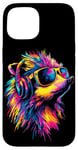 iPhone 15 Hedgehog with Headphones Popart Rainbow Cute Hedgehogs Case