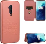 Compatible Avec Coque One Plus 7t Pro, Mince Flip Fibre De Carbone [Test De Chute] Antichoc Stand Fente Avec Carte, Protecteur D'écran En Verre Trempé*2-Marron