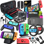 Deruitu Switch Accessories Bundle Compatible with Nintendo Switch, Kit with Carrying Case, Screen Protector, Compact Playstand, Game Case, Joystick Cap, Charging Dock,Steering Wheel (HW-2)