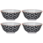 KitchenCraft Set of 4 Glazed Stoneware Bowls with Monochrome Daisy Pattern, Black & White Ceramic Bowls with Footed Base, Microwave & Dishwasher Safe, 15.7 cm (6") POKCBOWL33