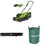 Greenworks 24V Cordless Lawnmower, 33cm Cutting Width with 2Ah Battery & Charger-GD24LM33K2 + Greenworks Original 33cm replacement blade + Greenworks Tools 120 L garden waste bag Green, AMP-120CB