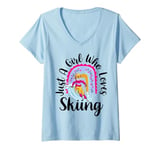 Womens Skiing Girl Boho Rainbow Winter Sports Ski Lover Girls V-Neck T-Shirt