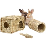 Lot de 3 accessoires pour petits animaux, maison herbe, tunnel & carotte paille, lapin, cochon d'Inde, nature - Relaxdays