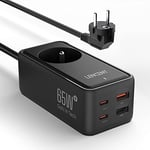 LENCENT Chargeur Rapide USB C et 65W, GAN III Tech avec 1 Prise Secteur + 4 Ports USB, Type C avec câble Convient pour Téléphones Portables Tablettes PC, Noir