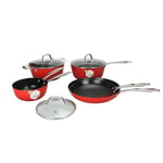 LAGUIOLE, Set de Cuisine en Fonte Légère 9 pièces, Rétention de Chaleur Optimale, Antiadhésif, Design Élégant, Tous Feux, Induction, 100% Fonte, Rouge, Casseroles 16-18cm, Poêles 24-28cm, Rouge