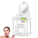 Juskys Julia Coiffeuse avec Miroir, Tabouret Et 4 Tiroirs, Style Campagnard, Bois MDF, Cosmétique, Coiffeuse, Commode (Blanc)(74x40x138cm)