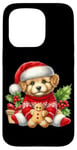 Coque pour iPhone 15 Pro Chiot mignon en bonnet de noel avec biscuit au pain d'épice