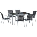 Ensemble de jardin 6 pers. 6 chaises empilables table plateau verre trempé 5 mm métal époxy gris textilène noir