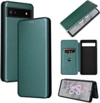 Compatible Avec Coque Google Pixel 6a, Mince Flip Fibre De Carbone [Test De Chute] Antichoc Stand Fente Avec Carte, Protecteur D'écran En Verre Trempé*2-Vert