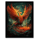 Artery8 Majestic Phoenix Bird Concept Painting Blue Orange Red Mythical Creature Rising from the Ashes Spreading Fire Wings Vibrant Portrait Artwork Framed Wall Art Print A4