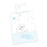 Herding Parure de Lit Biologique Baby Best, Certifié GOTS, Motif Réversible Lieblingsmensch, Taie d'Oreiller 40 x 60 cm, Housse de Couette 100 x 135 cm, Coton/Renforcé, Taie d'Oreiller avec Ouverture Portefeuille, Housse avec Fermeture Éclair Facile, Bleu