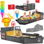 KIDIZ® Bac à sable Ahoi - Bateau pirate Bateau à voile en bois Avec couvercle Plancher Banc Mât de drapeau Jouets de sable Anthracite