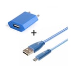 Pack Chargeur Pour Samsung Galaxy S5 Smartphone Micro Usb (Cable Smiley Led + Prise Secteur Usb) Android Connecteur - Bleu