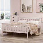 Lit double en bois 140 x 200 cm, lit en bois massif avec sommier à lattes, lit en pin pour adultes, enfants, adolescents, blanc - RWLit simple