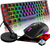 Ensemble de Souris Clavier Gaming Filaire RVB 60%, Interrupteur Bleu Mécanique Clavier 62 Touches QWERTY + Souris de Jeu Ultralégères 6400 DPI + Mouse Bungee + Tapis de Souris pour PC/Mac - Noir