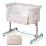 GOPLUS Berceau Bébé 3 en 1, Lit Cododo Portable avec Mode Berceau, Matelas Amovible, Hauteur Réglable, Poches de Rangement et Roues Verrouillables, Lit de Voyage pour Nouveau-né (Beige)