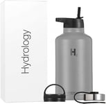 Hydrology LLC Insulated Water Bottle with Straw, Thermos & Wide Mouth Lid (Includes 3 Lids) | Stainless Steel, Double Wall Vacuum Keeps Liquids Cold or Hot Sweat Proof Flask (Graphite, 1893ml)